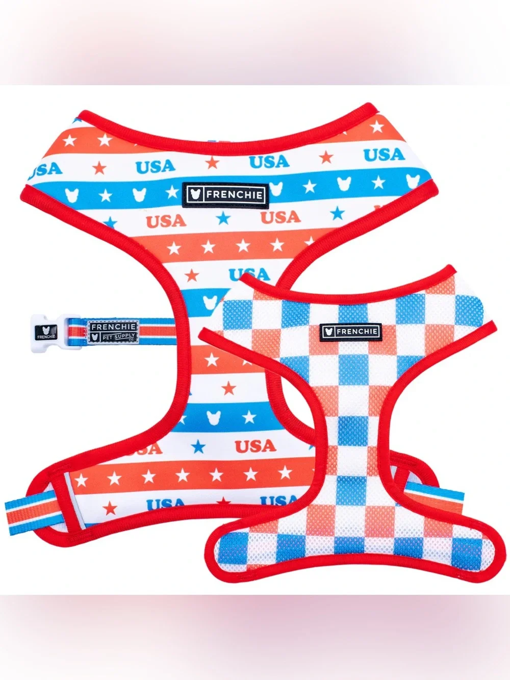 Frenchie Duo Reversible Dog Medium Harness USA america red white blue NEW